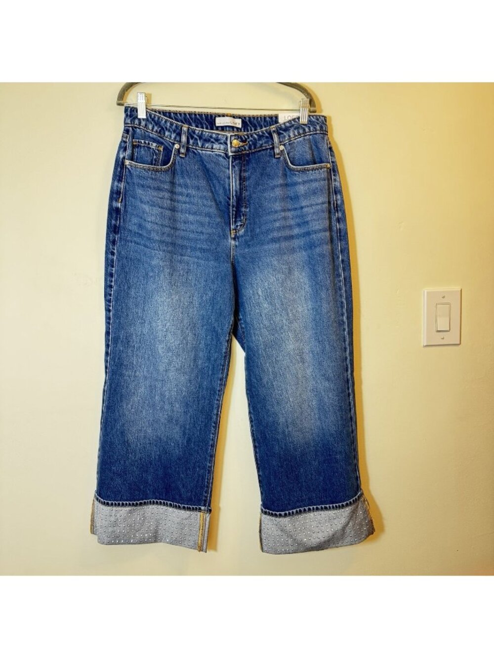 LOFT The Wide Leg Crop Jeans Size 12 Petite High Rise Curvy Studded Cuff New
